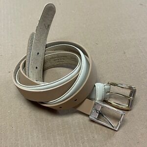 Vtg Lot of 2 Liz Claiborne Bonded Leather Sz Med Belts Brass Buckle Ivory & Tan